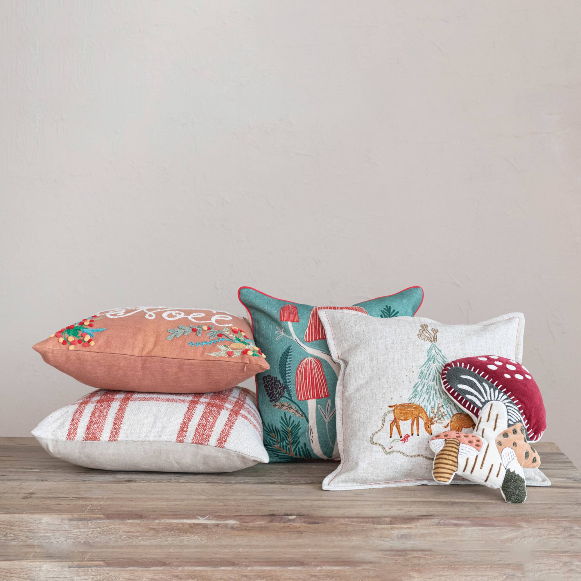 Hello Honey® 18" Embroidered Mushrooms Cotton Slub Throw Pillow with Red Piping